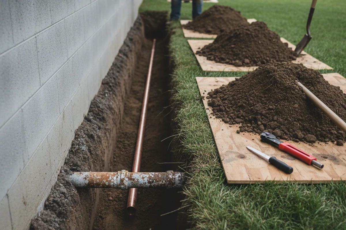 Excavated water line trench during Sewer Line Repair in Nappanee